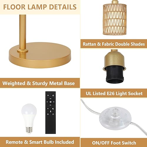 Miniatura 16 de Lámpara de pie con control remoto, lámpara de pie de ratán regulable con bombilla LED, lámpara de poste alto industrial negra con pantallas de ratán