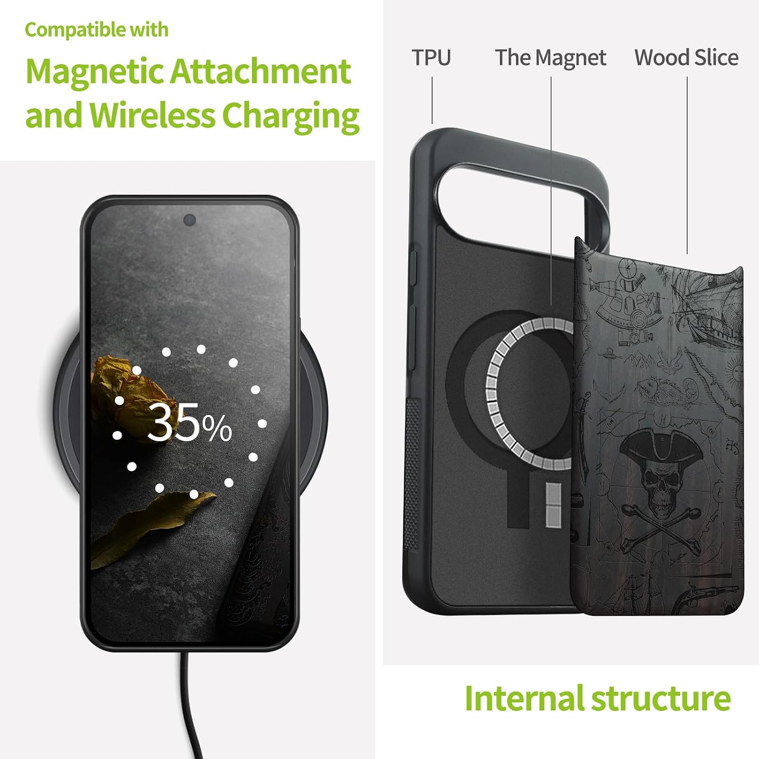 Carveit Magnetic Wooden Case for Google Pixel 10 / Pixel 10 Pro Case, Wood Artisan Engraved & Soft TPU Shockproof Cover, Compatible with MagSafe Wireless Chargers (Pirate Flag) Blackwood