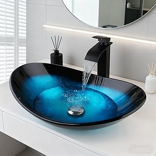 Blue Vessel Sink Oval Glass Vessel Sink with Waterfall Faucet and Pop-Up Drain Boat