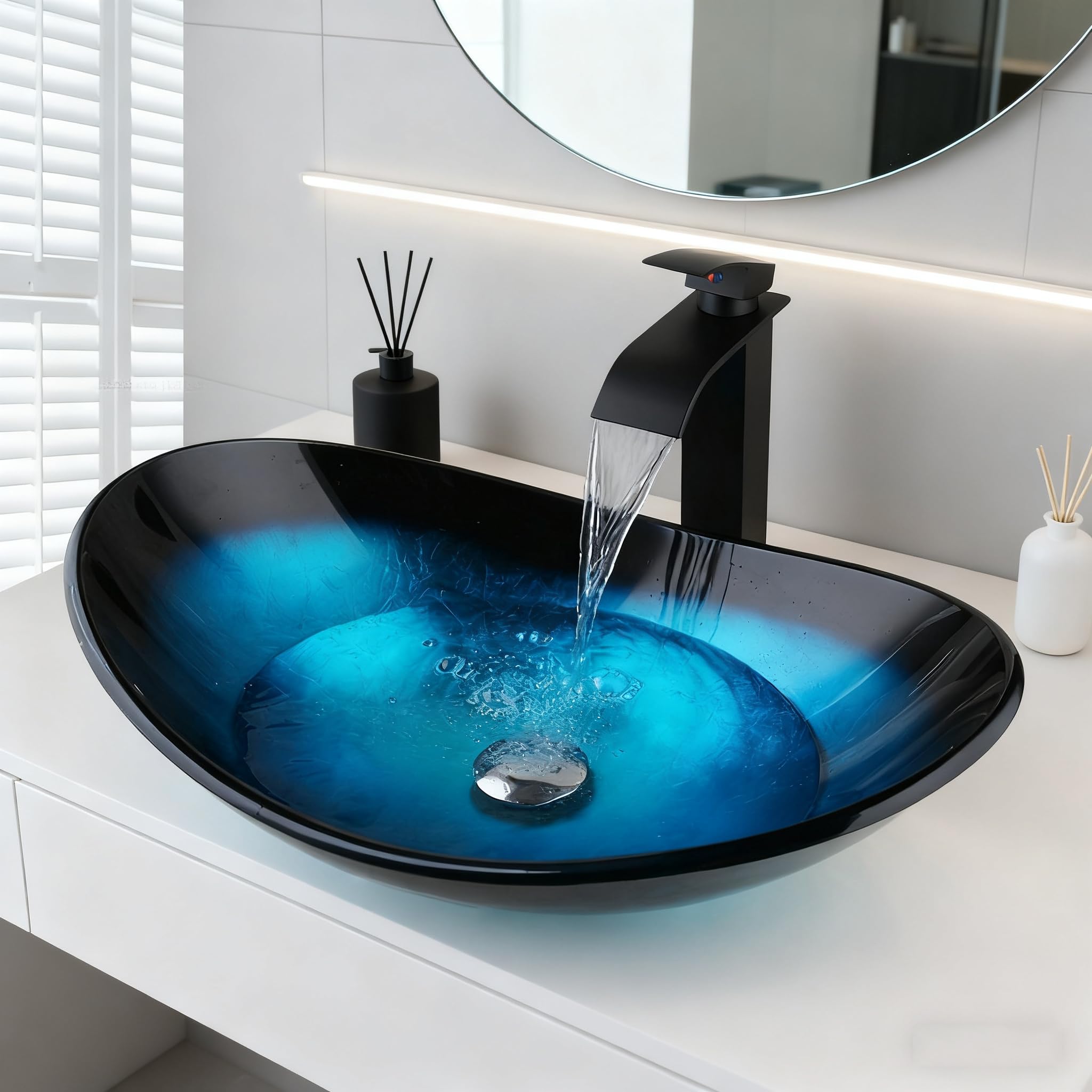 Photo 1 of OUBONI Blue Vessel Sink Oval Glass Vessel Sink with Waterfall Faucet and Pop-Up Drain Boat Shape Bathroom Sink Above Counter,Artistic Tempered Glass Vessels Sinks Bowl