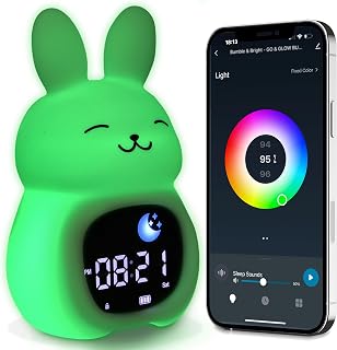 Go & Glow Bunny App Control Kids Alarm Clock – Digital Sleep Trainer with USB-C Corded, 8 Night Light Colors, 6 Soothing Sounds, 12/24H Routine Trainer, Gift for Boys & Girls
