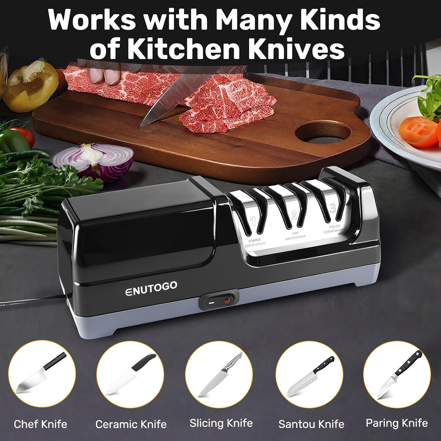 Enutogo Knife Sharpener, 3-Stage Electric Knife Sharpener for Kitchen Knives, 100% Diamond Abrasive with Quick Sharpening & Polishing, Professional Sharpening Tool with Metal Dust Collection Box