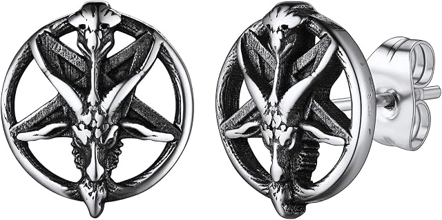 FaithHeart Satan Earrings Baphomet Goat Pentagram/Skull Stud Small Evil Satanic Earring for Men Women Black/Gold Plated/Stainless Steel