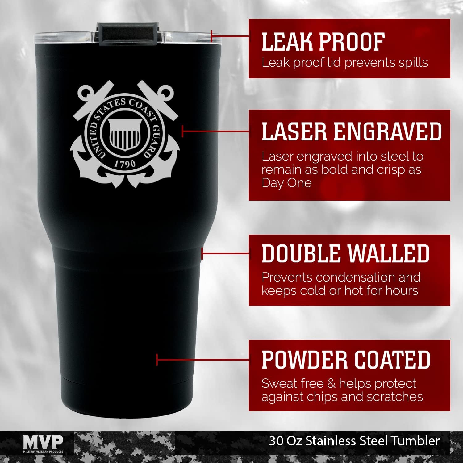 Military Gift Shop 30 oz Black Double Wall Vacuum Insulated Stainless Steel US Coast Guard Tumbler Travel Mug - Image 2
