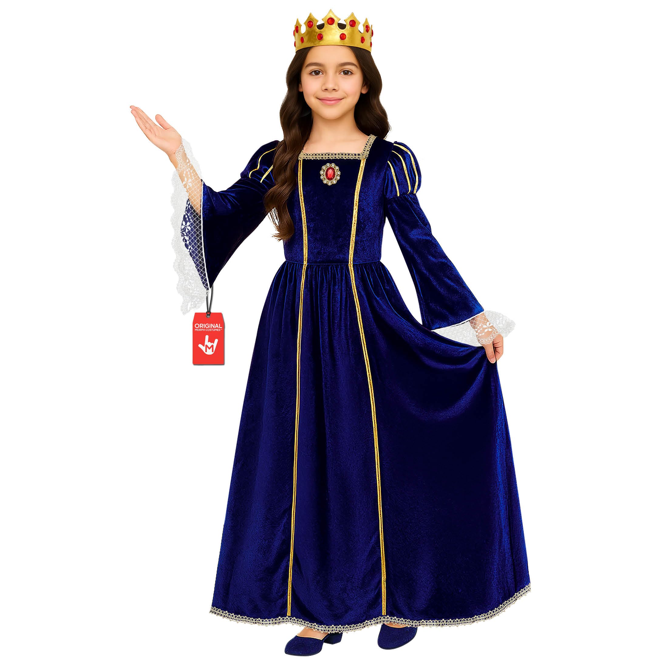 Morph Costume Rinascimentale Bambina Blu, Abito Medievale Principessa Blu per Bambine, Costume Regina Bambina, Costume Halloween Bambina