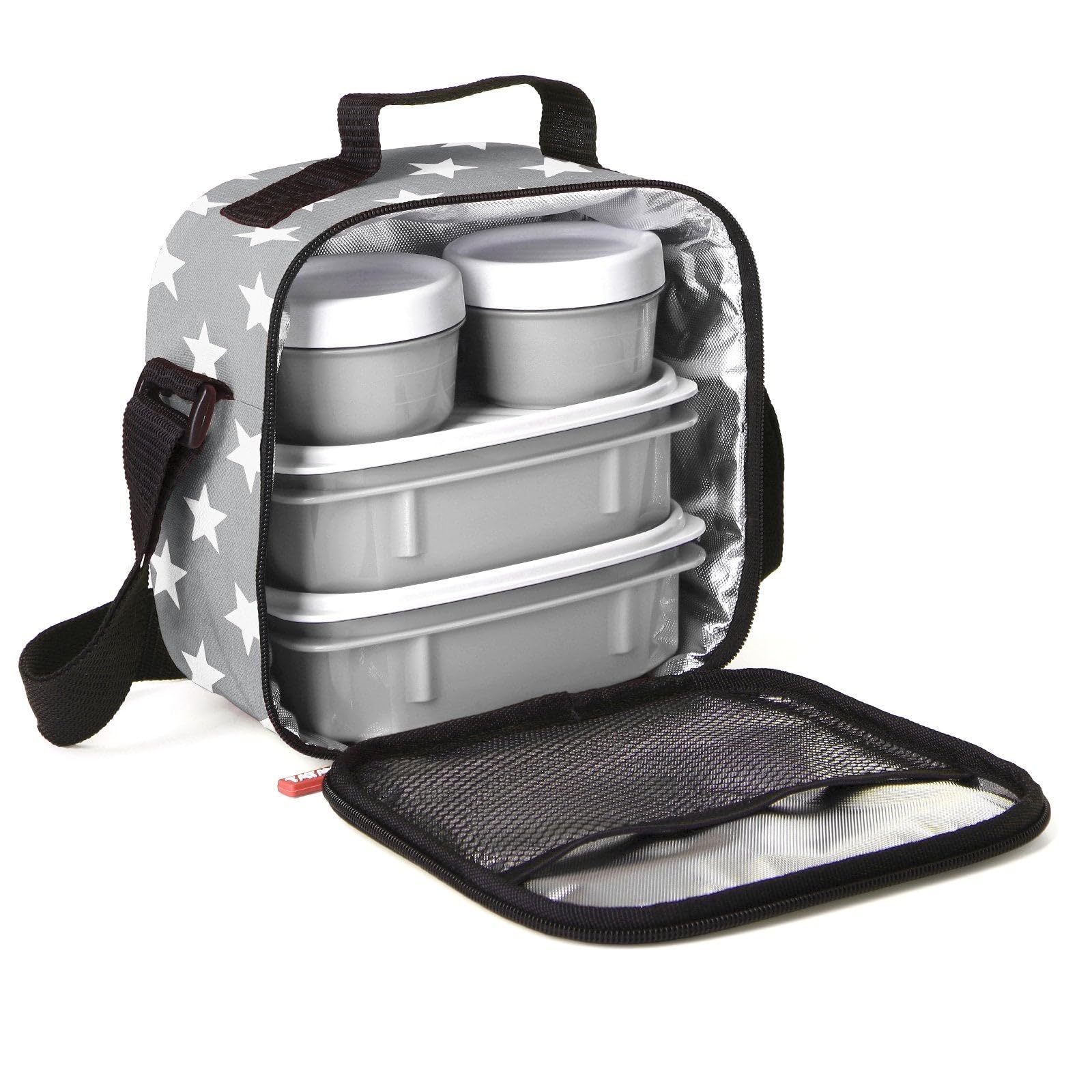 Tatay Bolsa Termica Porta Alimentos Impermeable - Urban Food Casual 3L | 4 Fiambreras: 2x0,5L + 2x0,2L | Triple Capa Aislante | Cuerpo Semirrígido | Bolsillo Interior | 22,5x10x22cm, Estrellas Gris