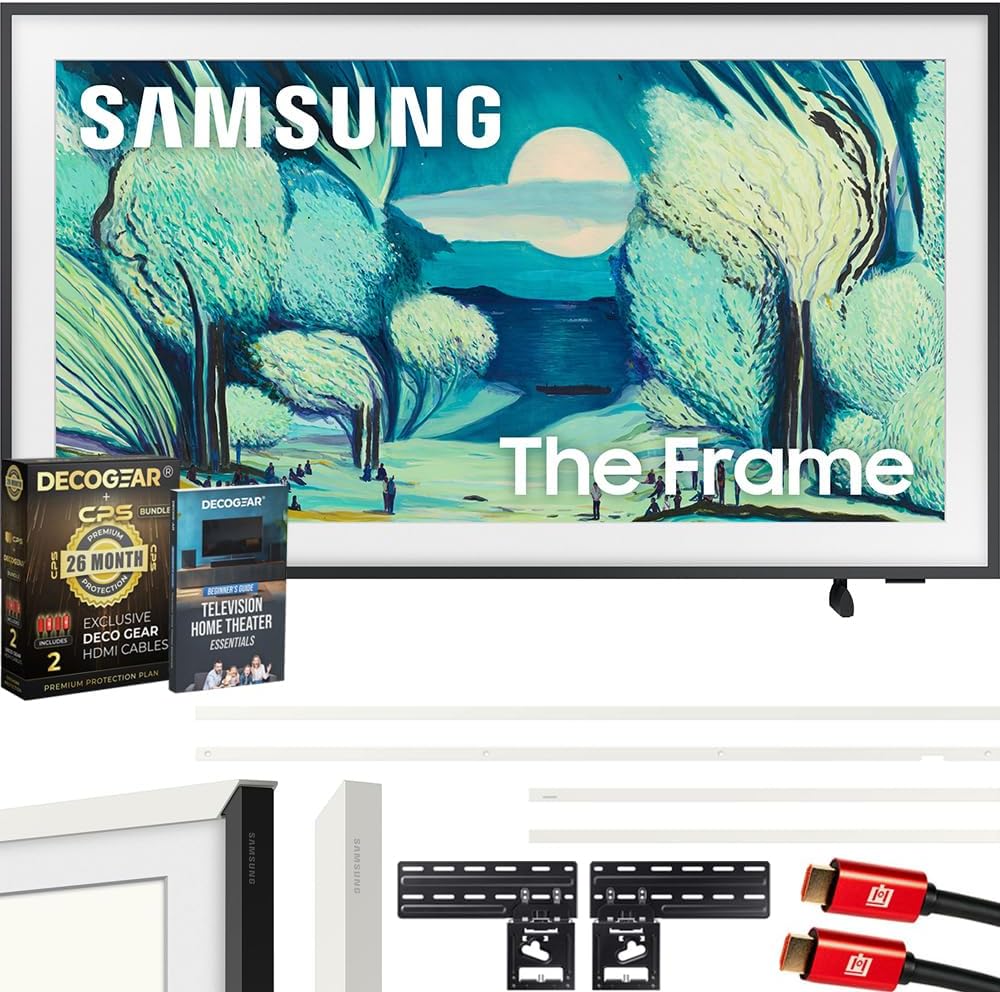 Samsung QN50LS03FA 50" The Frame QLED 4K AI TV (2025) Bundle with Modern White Bezel, CPS 26 Month Protection, Slim Flat Mount, 2X HDMI Cables & Deco Gear Complete Home Theater Beginner's Guidebook