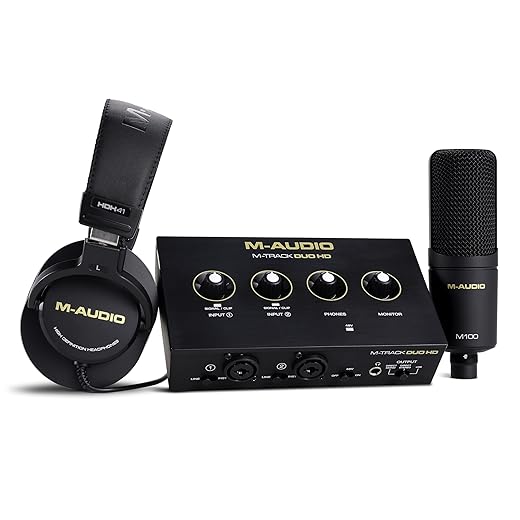 M-AUDIO M-Track Duo HD Audio Interface, M100 Condenser Microphone and HDH41 Studio Monitoring Headphones for Recording, Producers, Content Creators and Podcasters