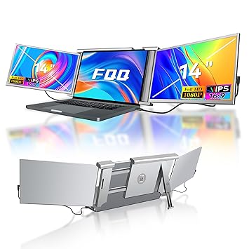 FQQ 14'' Full HD IPS Laptop Monitor Extender, Portable Dual Triple Monitor, Compatible with 13.5 - 16.5 Laptops & Game Consoles, Type-C & Mini HDMI Ports, 178 Viewing Angle, 60Hz, S1 Grey