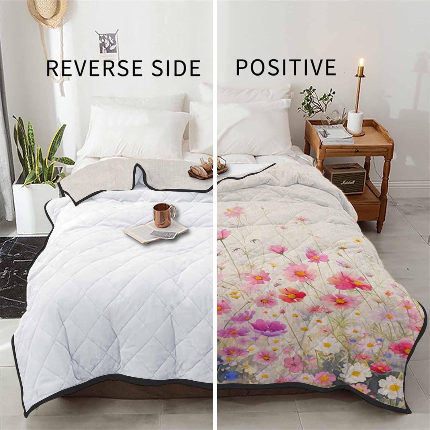T&H XHome Quilt Oversized Queen Luxury Quilted Comforter Bedspread-Thin Soft Cozy, Watercolor Red Pink Floral Linen Texture Reversible Stitched Lightweight Quilt Coverlet for All Season