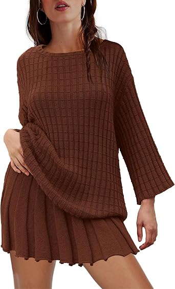 LAMISSCHE Womens Lounge Set Oversized 2 Piece Sweater Skirt Sets Long Sleeve Knit Top Pleated Skirts