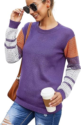 Womens Cute Contrast Sleeve Knitted Pullover Sweater