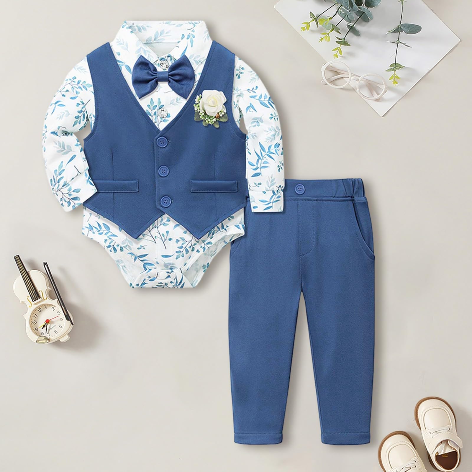 Completo smoking per neonato, camicia, gilet e pantaloni, elegante per cerimonie