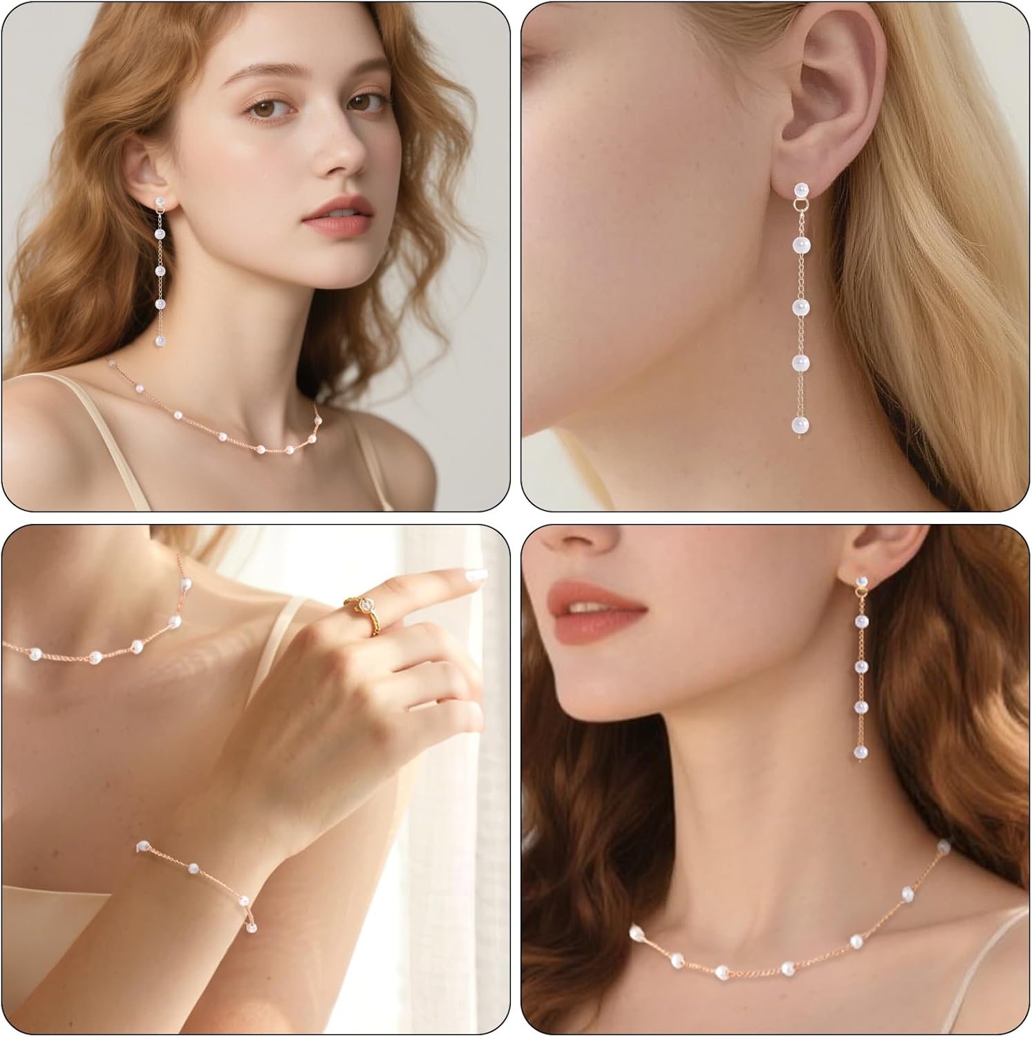 Gold Jewelry Set for Women Dainty 14K Gold Plated Pearl Choker Necklace Drop Earrings Bracelet Wedding Bride Graduation Gift - Image 4