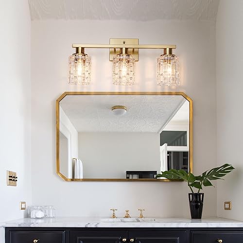 Miniatura 3 de Lámpara de tocador de baño dorada cepillada de 3 luces, iluminación moderna con pantalla de cristal, accesorios de iluminación de baño de montaje en