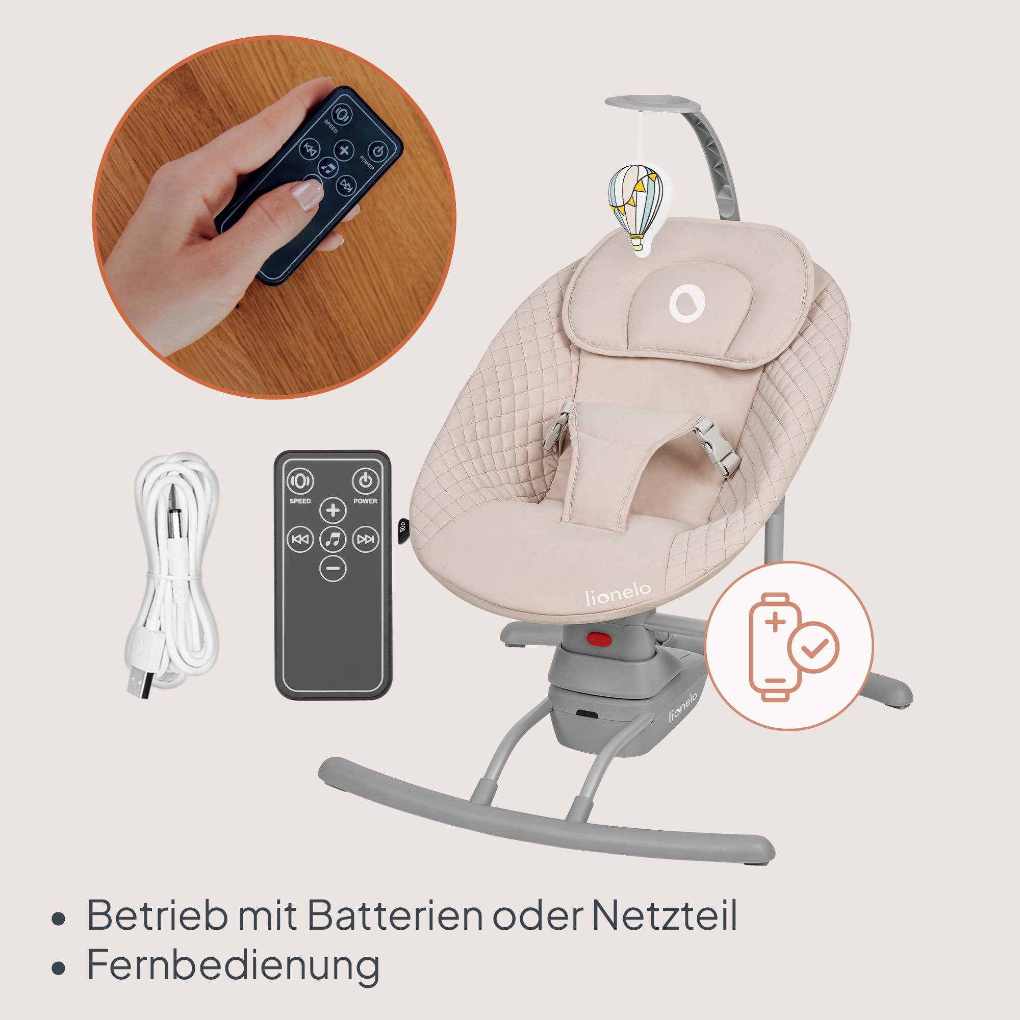 LIONELO RIO Elektrische Babywippe für Kleinkinder bis zu 9 kg | Verstellbare Rückenlehne 3 Wiegegeschwindigkeiten, Polster Sitzgurte Melodien und Geräusche der Natur Leichtes Gewicht 3,5 kg