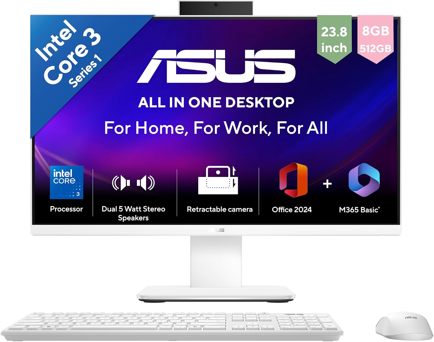 ASUS V440 (2026),i3-14th Gen,Intel Core 3 100U,Intel iGPU,8GB/512GB,FHD,23.8"(60.45 cm),Win 11,M365 Basic(1Y),Office 24,White,5.46 kg,V440VAB-KWC3001WS,with Wireless Keyboard & Mouse,All in One PC