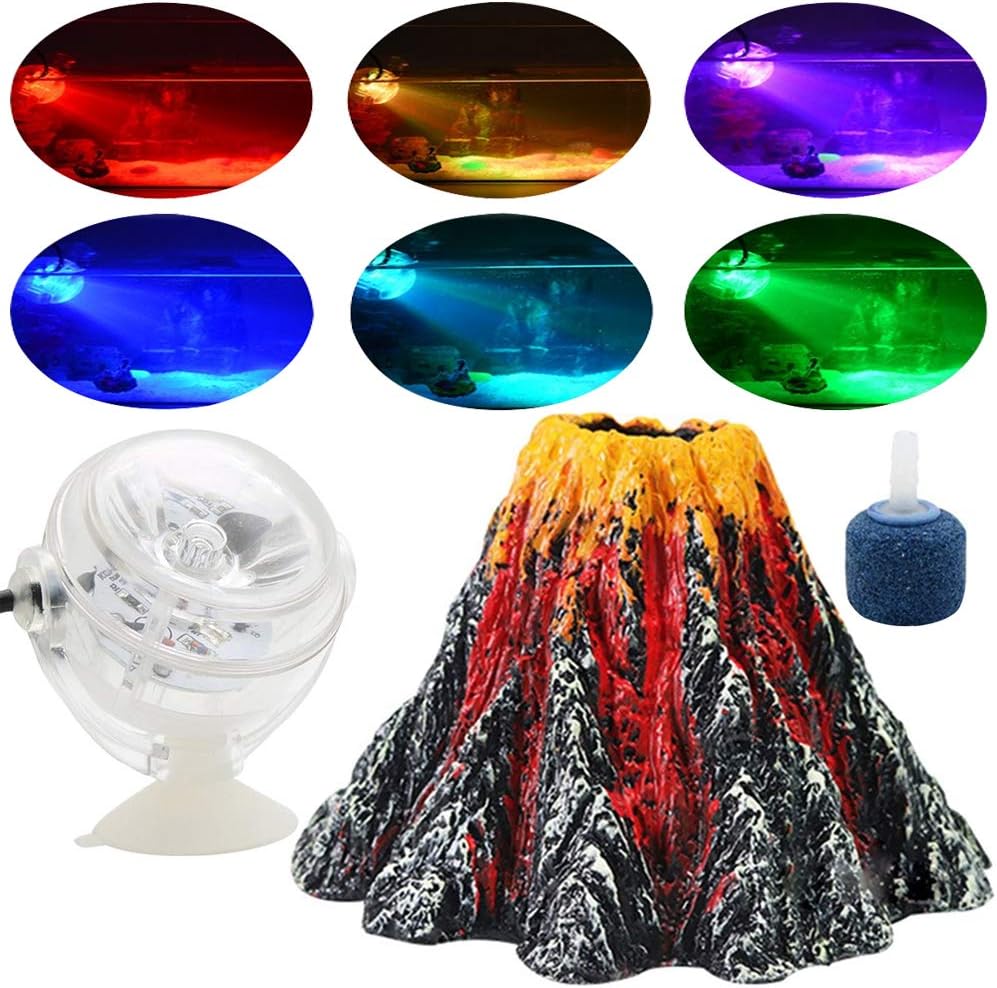 Ormeli Aquarium Volcano Ornament Kit Colorful LED Spotlight Air Bubbler Stone for Aquarium Fish Tank Decorations (Air Oxygen Pump and Tube is NOT Included)