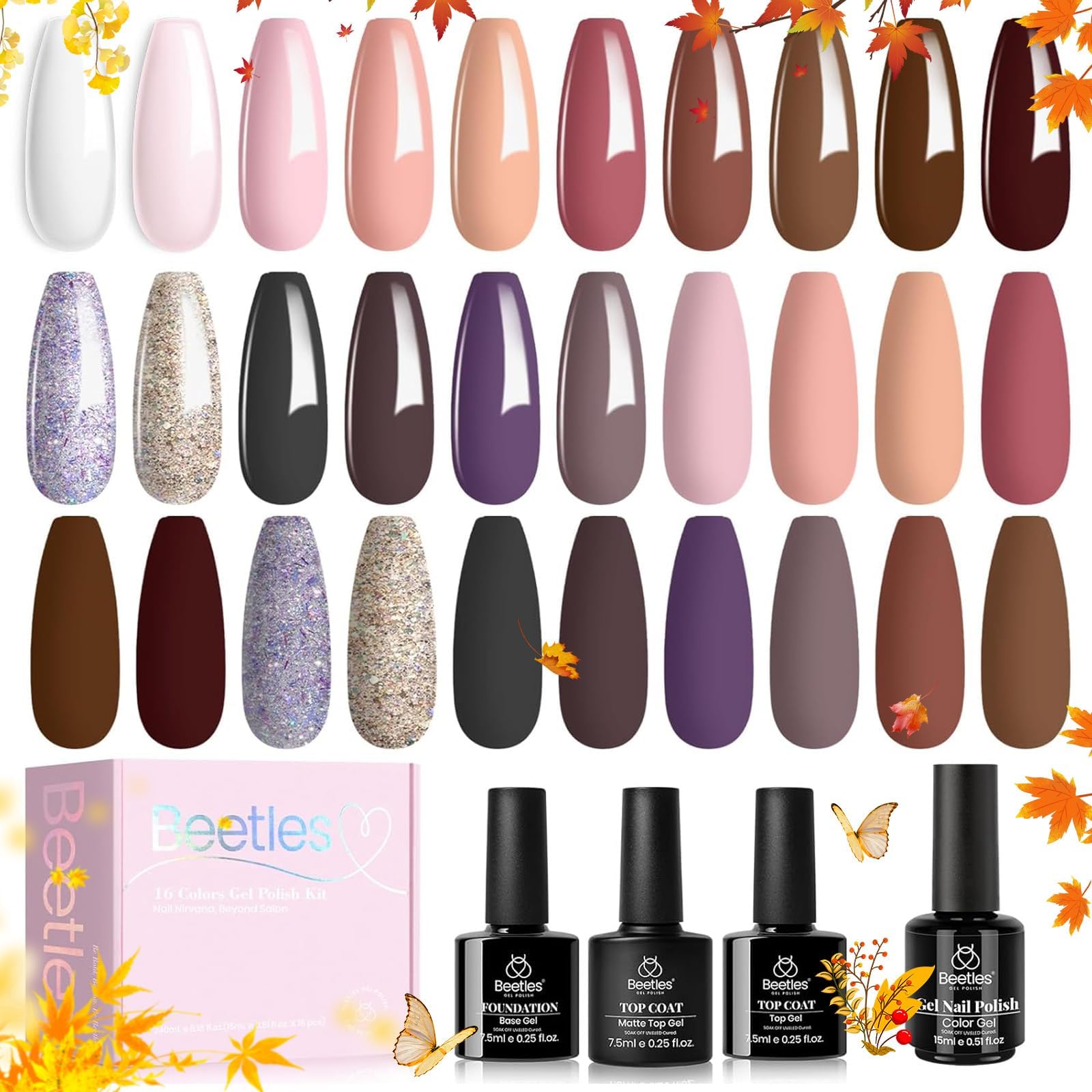 BGel Polish 16 Colors Gel Nail Natural Charm Collection Pink Nude Nail Design Soak Off Burgundy Manicure Golden Glitter Color Set Need Uv Light Cured Salon Home Diy