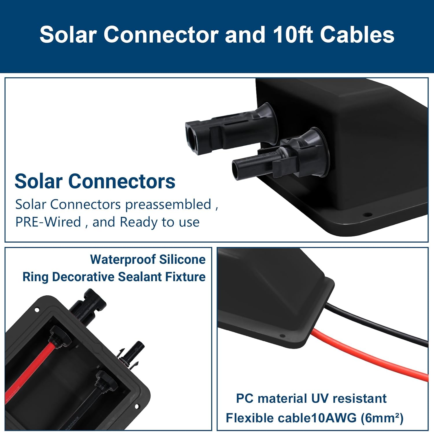 Waterproof Double Solar Cable Entry Gland,UV Resistance Dual Cable Entry Housing for Rv, Boat,Camper (with 0.33ft Cable (Black Entry Gland))