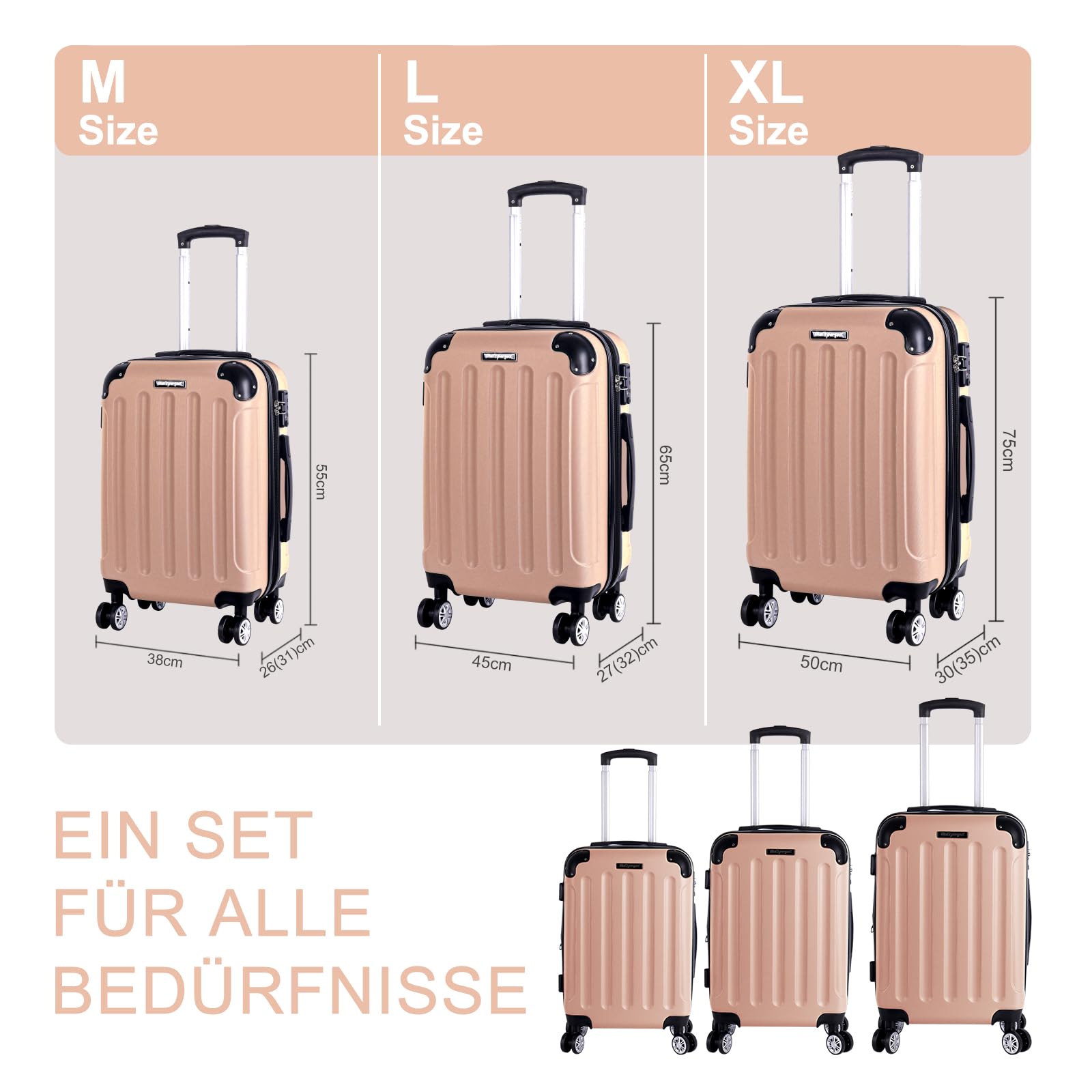 3er Kofferset - Robuste ABS- Hartschalenkoffer, TSA-Zahlenschloss, erweiterbare Kapazität - in M, L, XL - Eckenschutz, 360° drehbare, leise Doppelräder & Teleskopgriff, Handgepäcktauglich & stapelbar