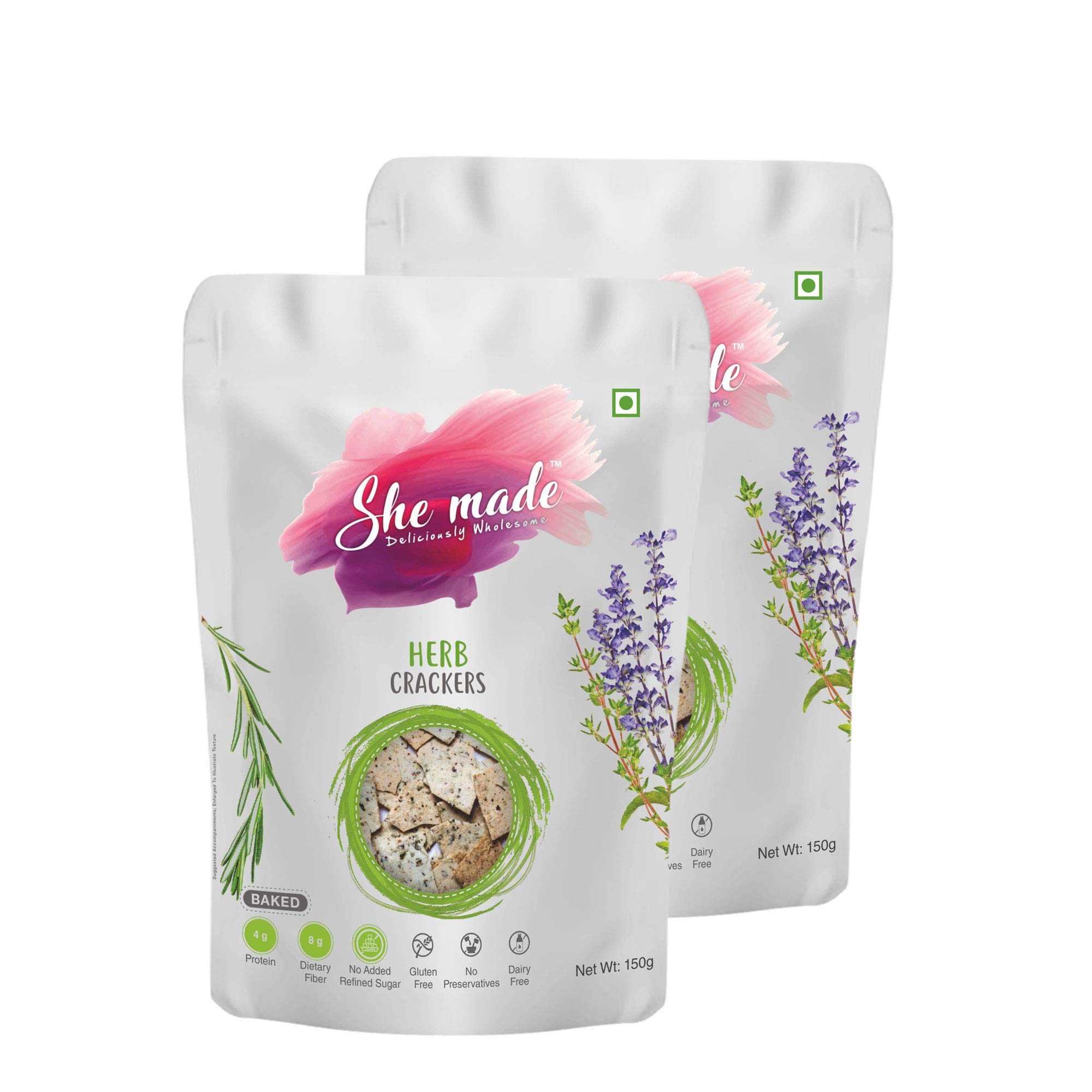 She Made Foods Crackers Biscuit - Pack of 2, Mixed Herb Flavour, Vegan & Gluten-Free Snack, Healthy Baked Crackers, Tasty Gourmet Bites (150 grams each)