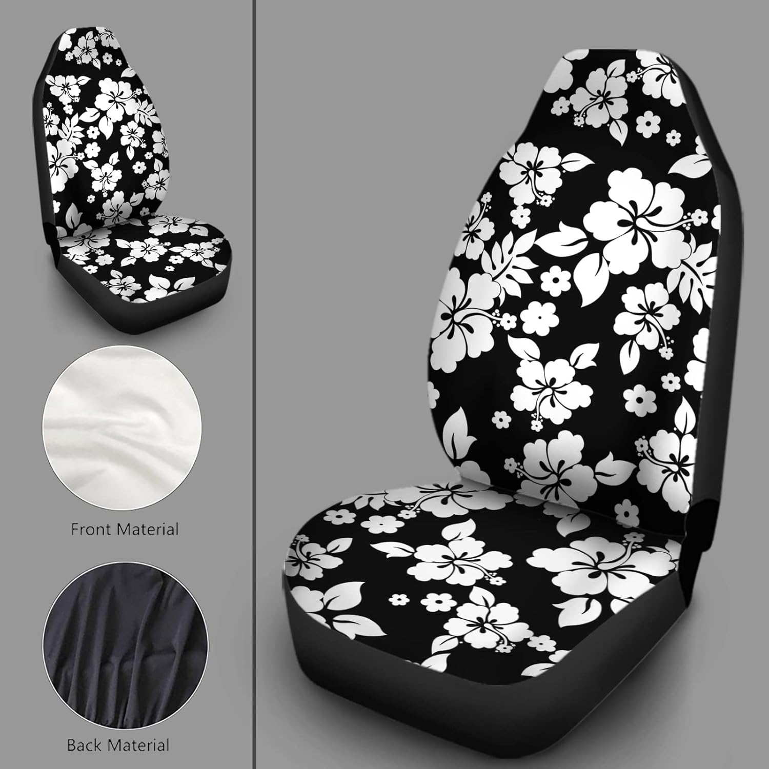 Bulopur White Hibiscus Print Automotive Seat Cover, 2Pcs Black Floral Car Accessories with Front Drive Seat Cover Protect Accessories for Women Men