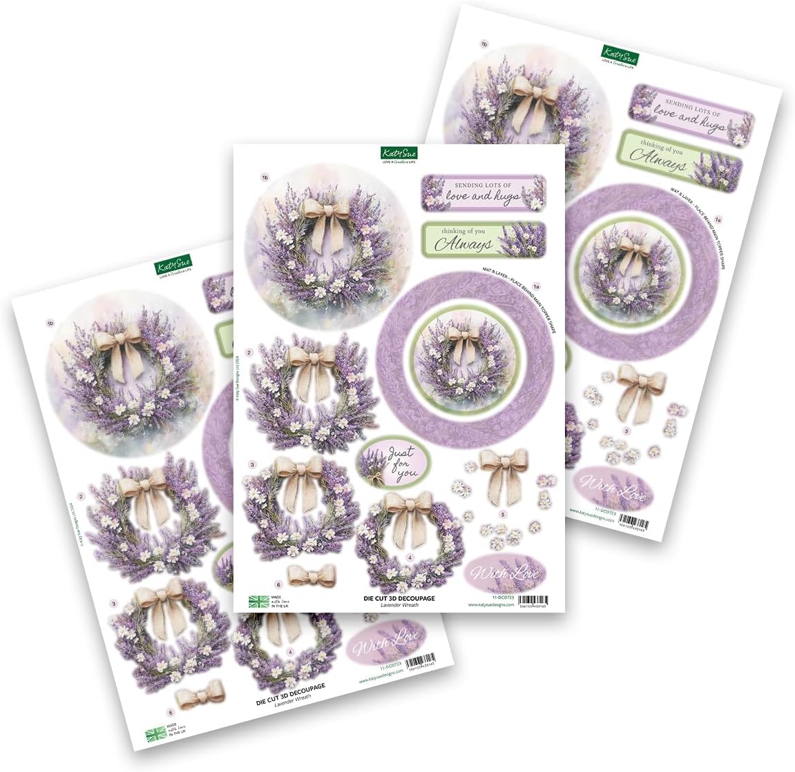 Katy Sue Designs Thinking of You 3D Die Cut Decoupage Collection for Card Making Supplies. Contains 12 Sheets of Katy Sue Die Cut Decoupage Featuring Lavender, Lillies, Hydrangea, and Roses