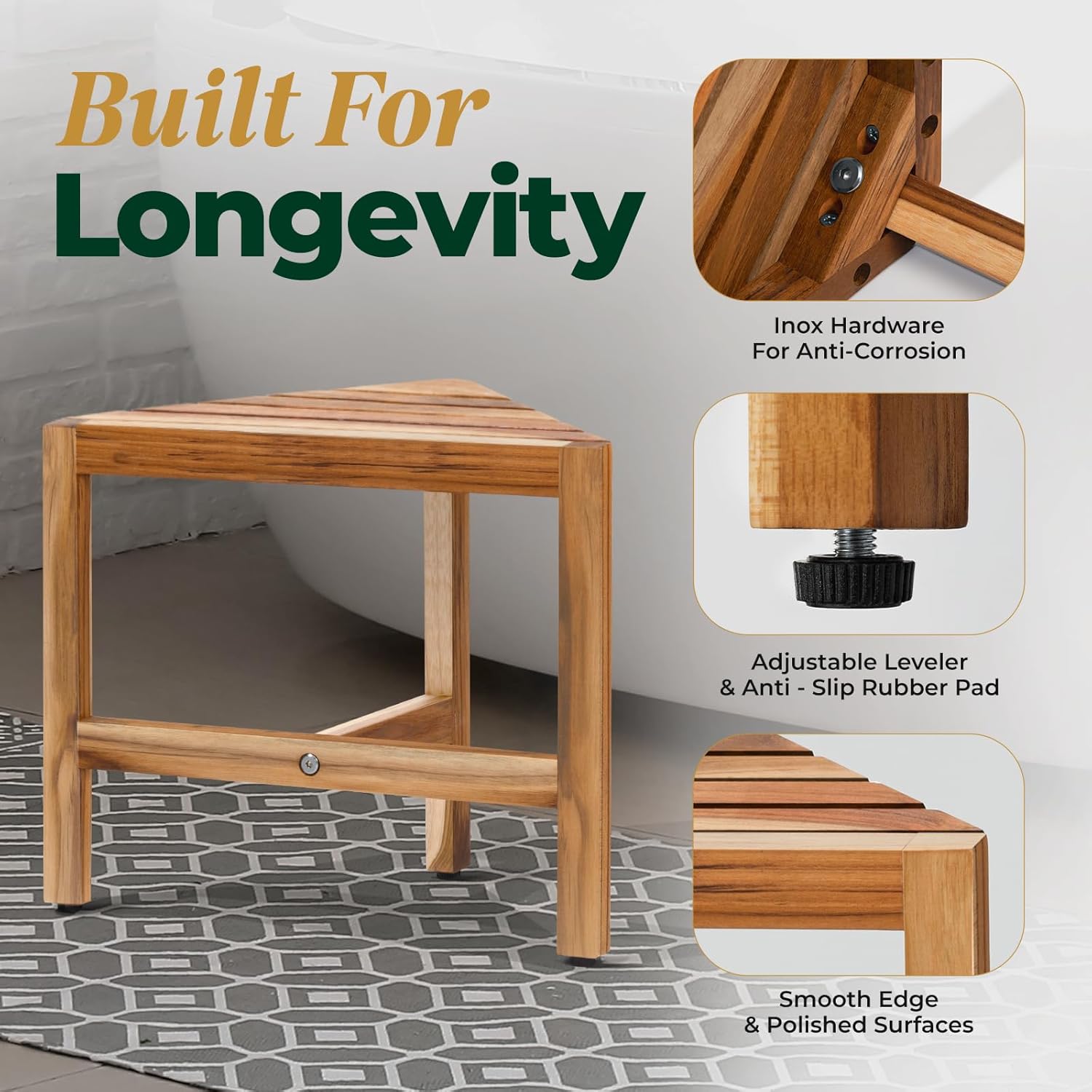 Bme Shower Foot Rest for Shaving Legs, Multifunction Teak Corner Shower Shelf, Easy Install Bathroom Corner Shelf with Anti-Rust Hardware & Adjustable Leveler, Space-Saving & Easy Maintenance