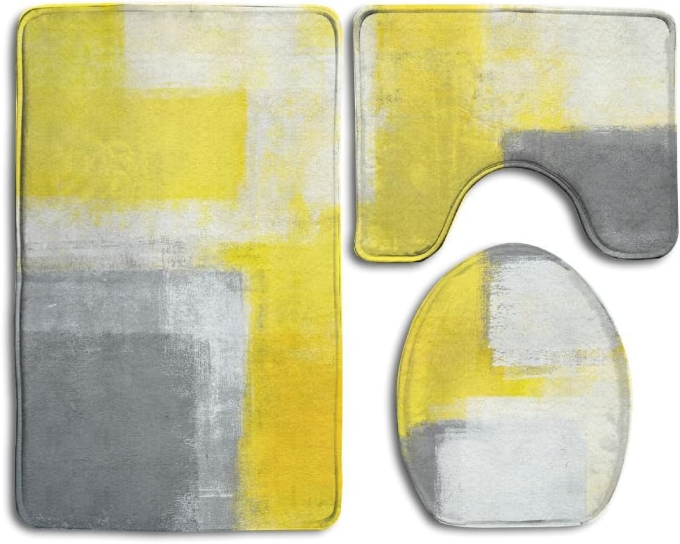 RedBeans HanSmallT Grey And Yellow Abstract Art Painting White Non Slip 3 Piece Bath Mat Pedestal Rug + Lid Toilet Cover + Bath Mat Customized Artwork Print