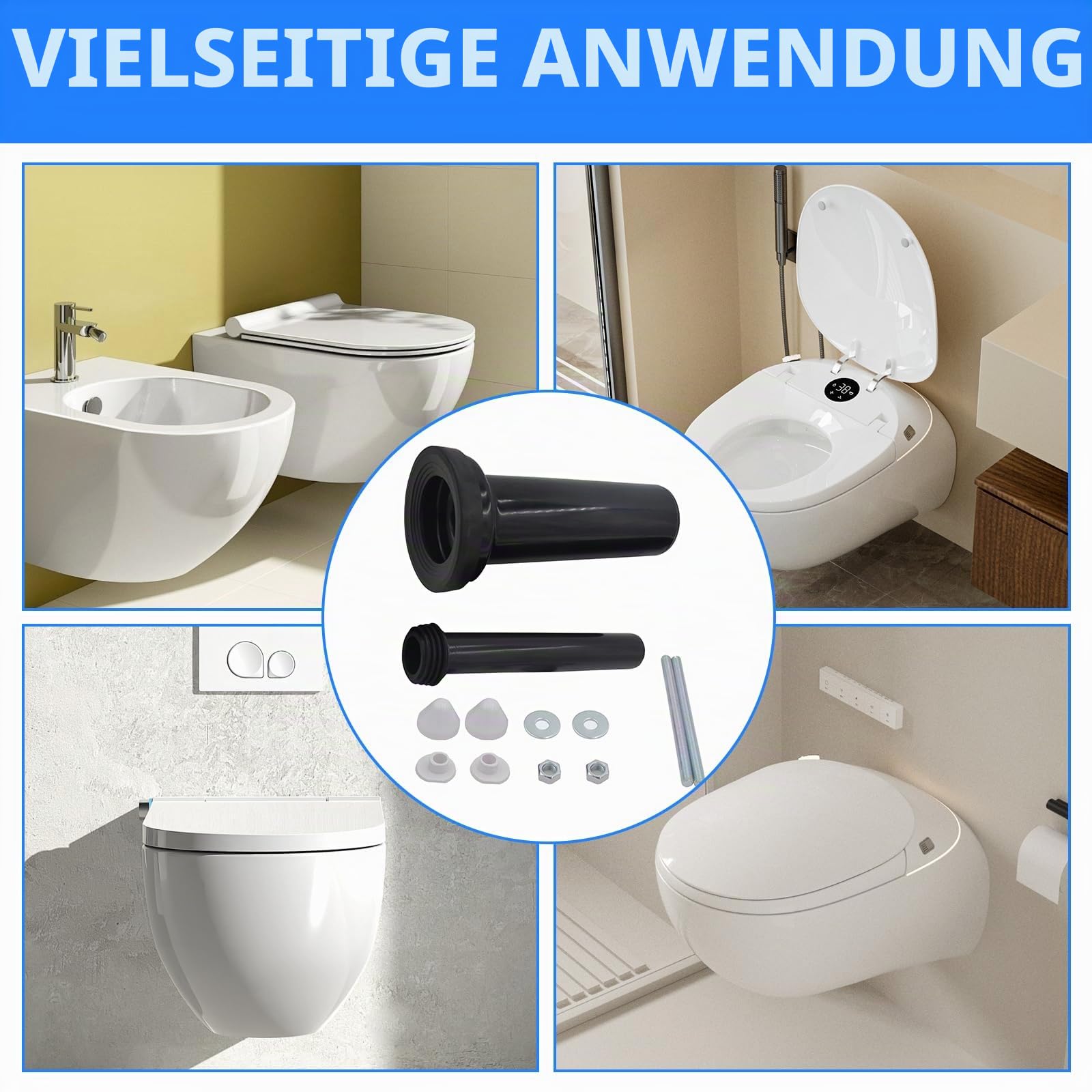 WC Anschluss Set 300mm, Anschlussgarnitur für Wand-WC mit Spülrohr Abflussrohr Kappen Dichtung und Befestigungsmaterial Montageset für Hänge-WC