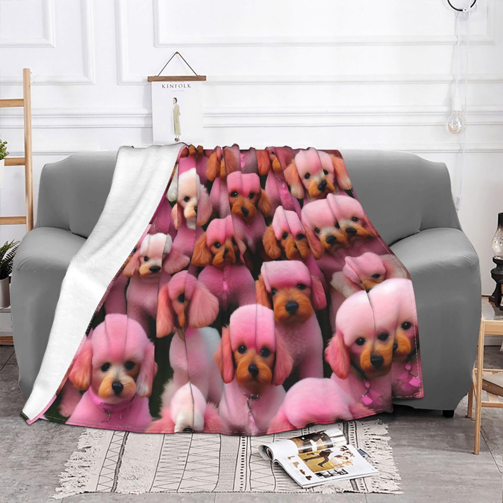 Coperta decorativa in morbida flanella calda e accogliente per bambini, cane, gatto, 127 x 152 cm, stampa di barboncini rosa