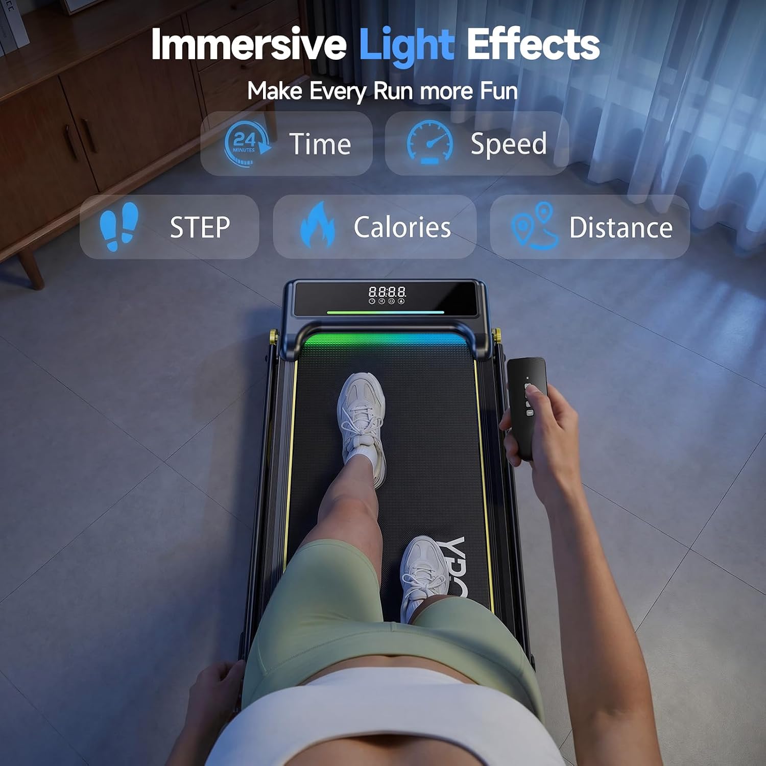Image showing the LED display and dynamic RGB lighting of the YPOO T5 treadmill, with metrics like time, speed, steps, calories, and distance.