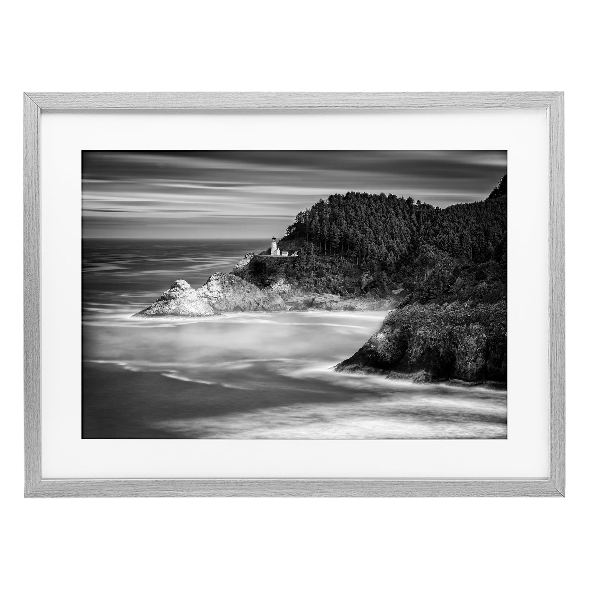 Stupell Industries Perched Above The Pacific Lighthouse Seascape, Monochrome Cliffside Ocean View, 17 x 23 Inch Framed Matted Print Under Glass, by Rick Berk, Made in USA Gift