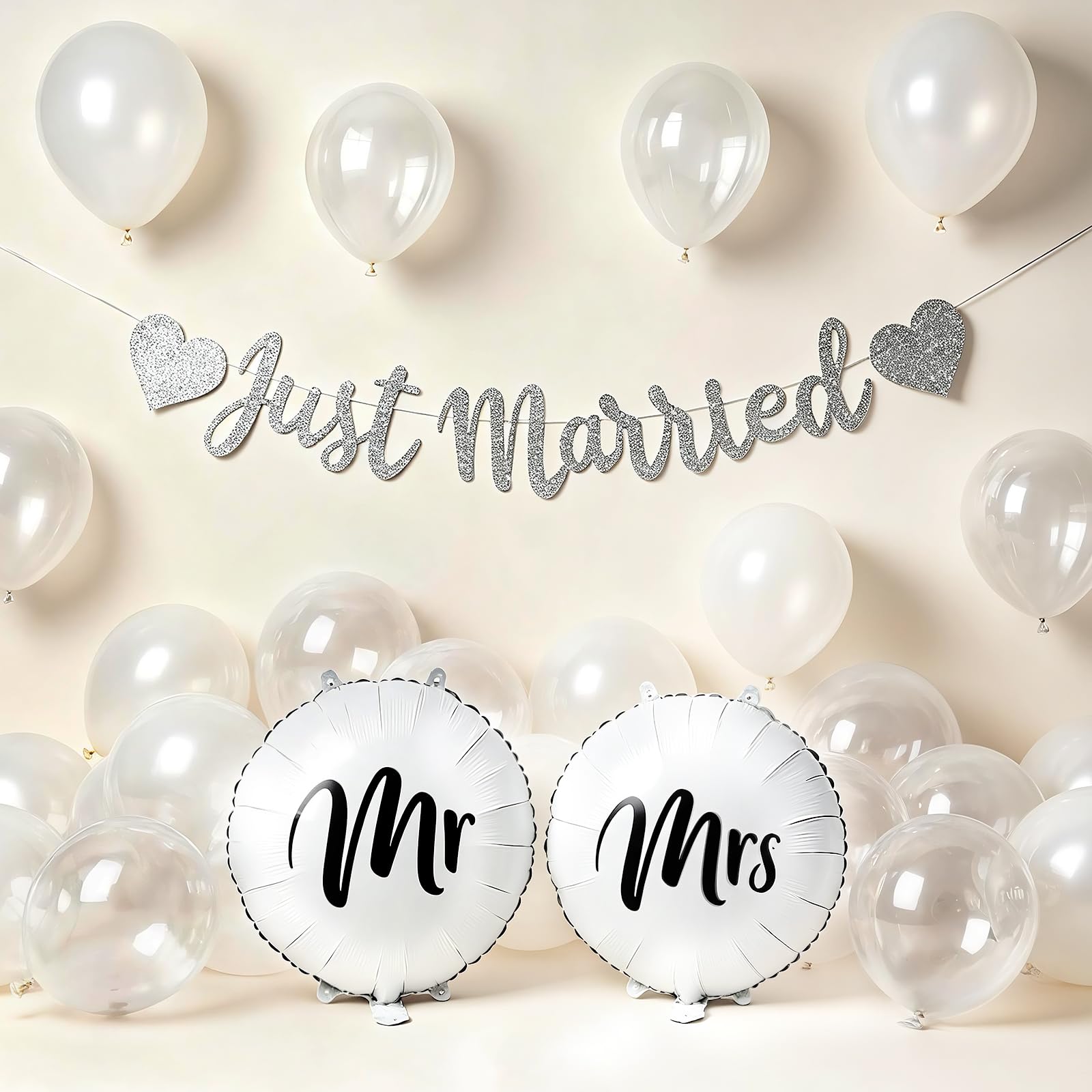 23 Pcs Silver White Just Married Banner and Balloon Set for Wedding