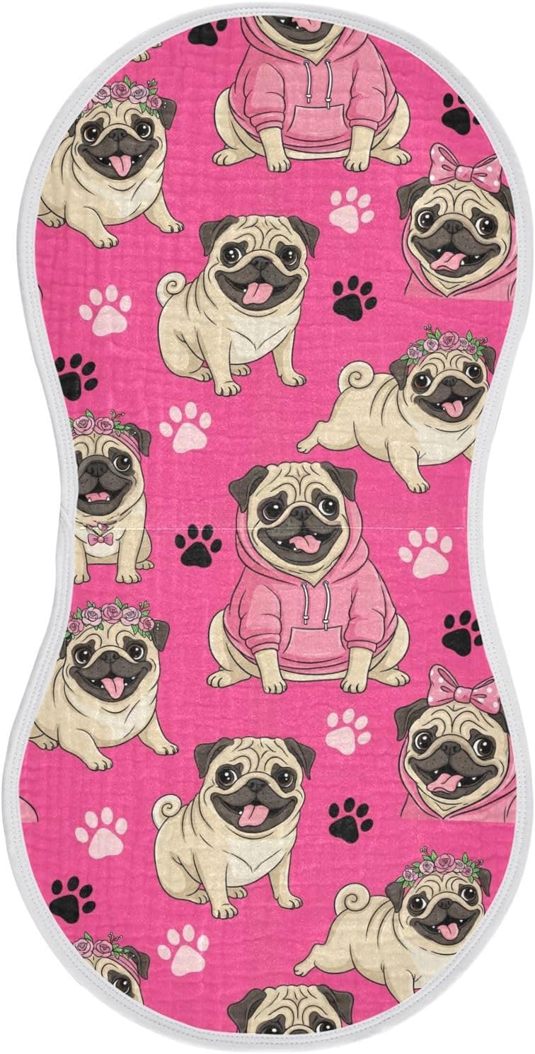 Pug Paw Pink Baby Burp Cloths for Boys Girls Large 22''x11'' Cotton 4 Layer Spit Up Rags for Infant Spit Up one sizex1