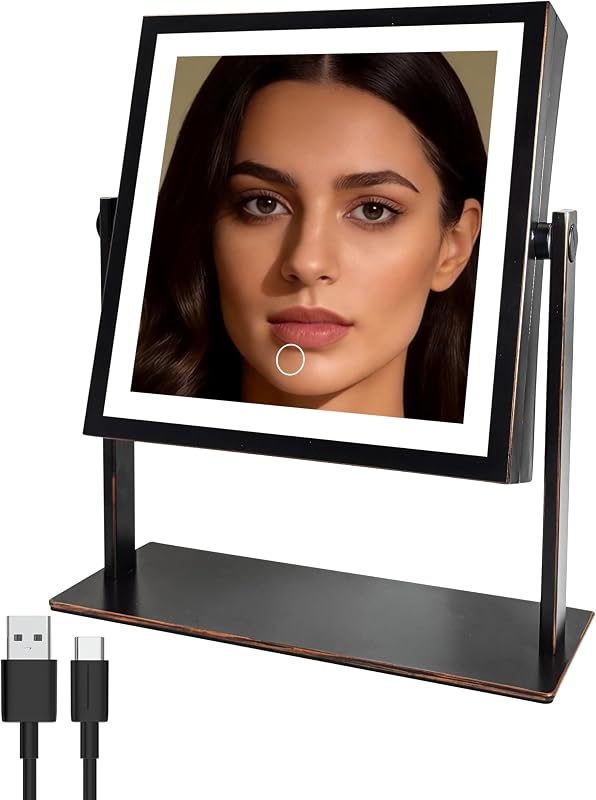 Espelho para maquiagem Ruacq com luzes, dupla face 1X/10X, bronze envelhecido