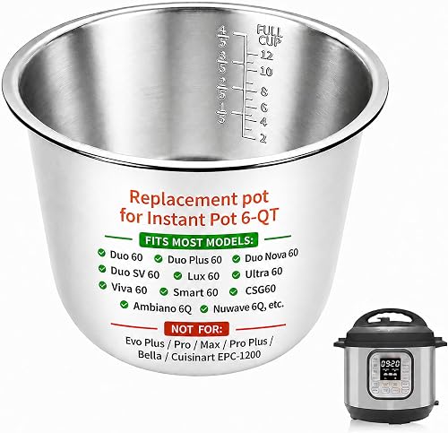 Stainless Steel Pot for Instant Pot 6 Quart, Replacement Inner Pot for Instant Pot Insert Liner 6 qt with 1 Cleaning Sponge, Compatible with Duo 60, Duo Plus 60, Duo Viva 60, Duo Nova 60(6 Quart)