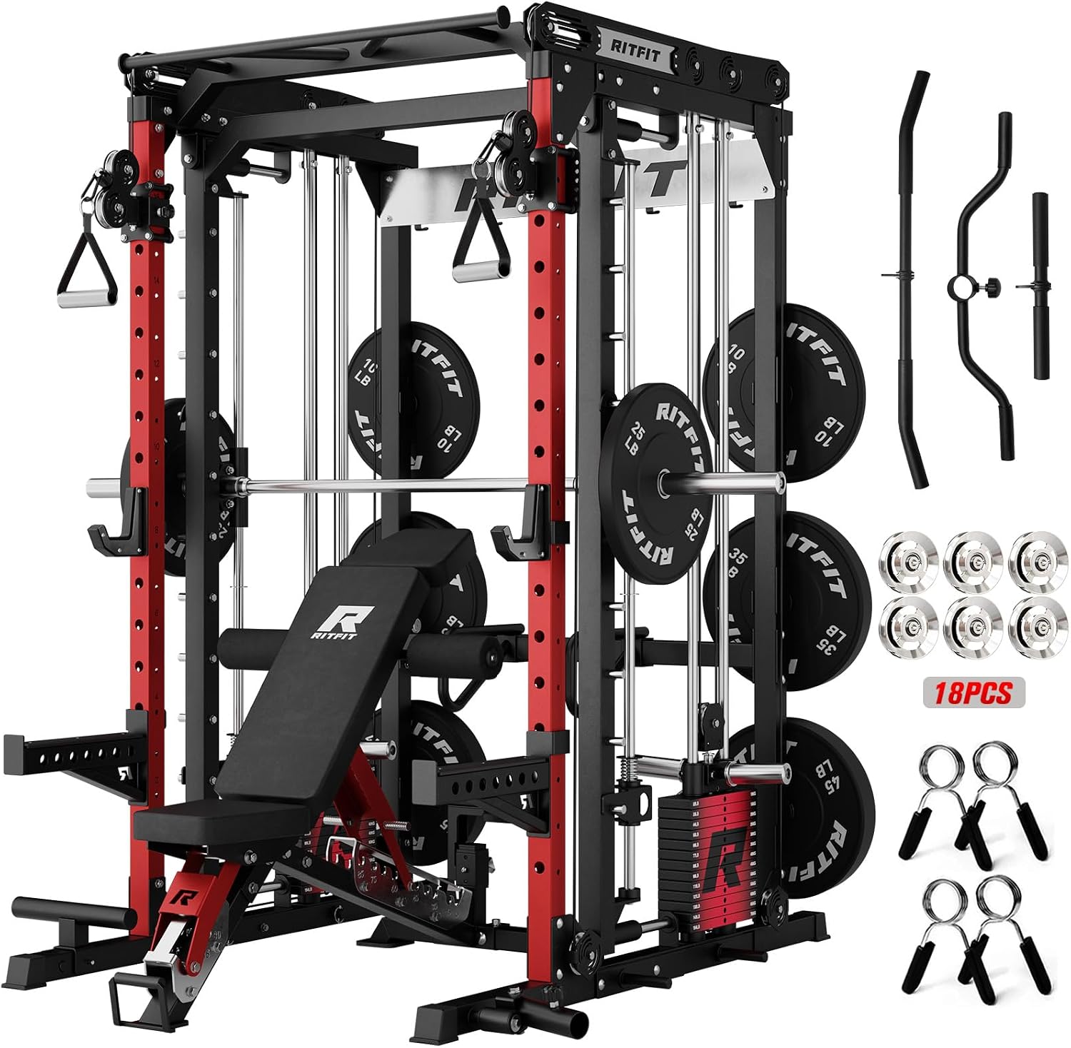 RITFIT M2 Pro 3D Smith Machine Home Gym with 286LB Built-in Weight Stack | 3D Smith Machine with Free-Weight Bar Path, 2000LB Capacity, Adjustable Weight Stack, Aluminum Pulley Cable System
