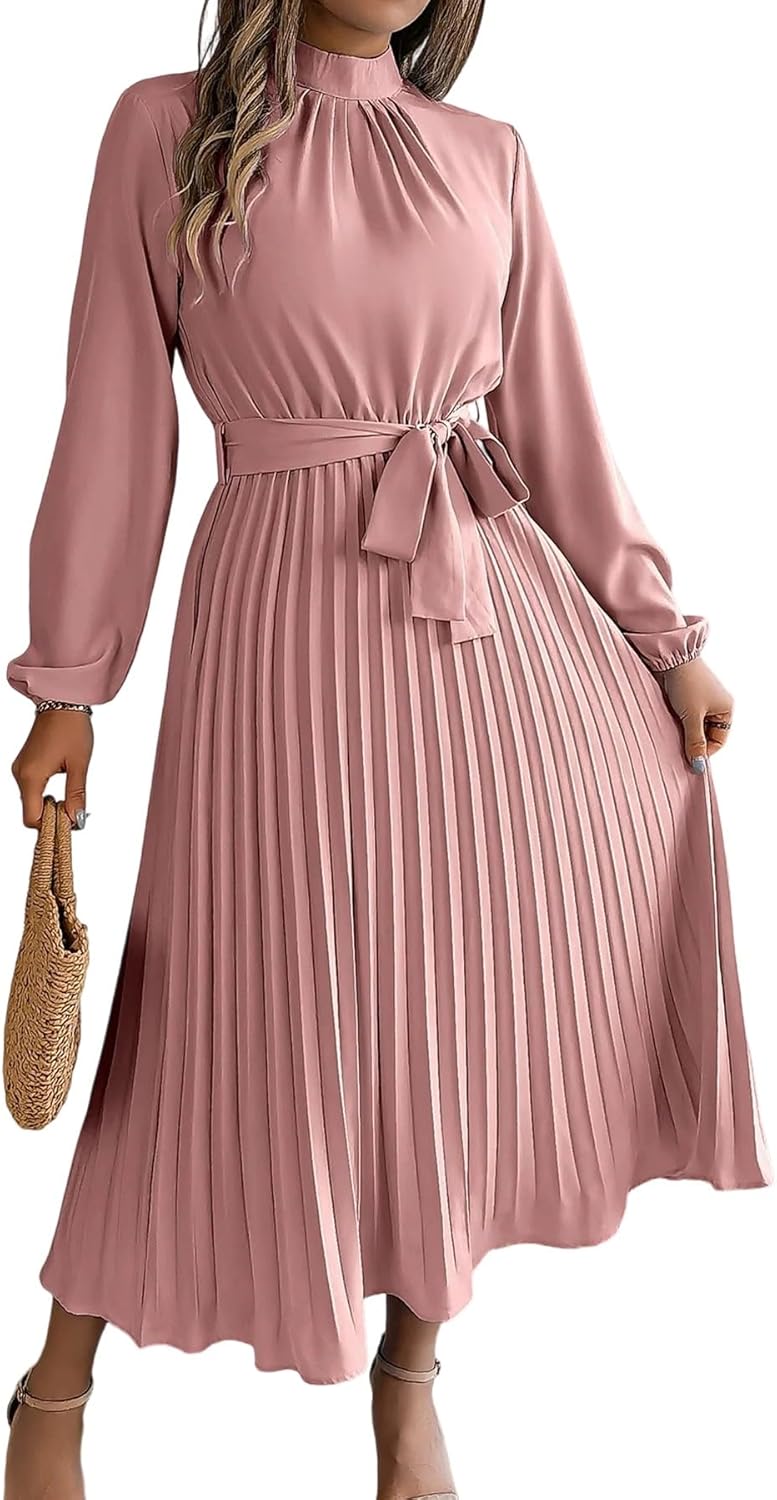 SHINFY Women's Long Sleeve Pleated Dress Casual Semi Formal Church Dress Mock Neck A Line Flowy Midi Dresses with Belt