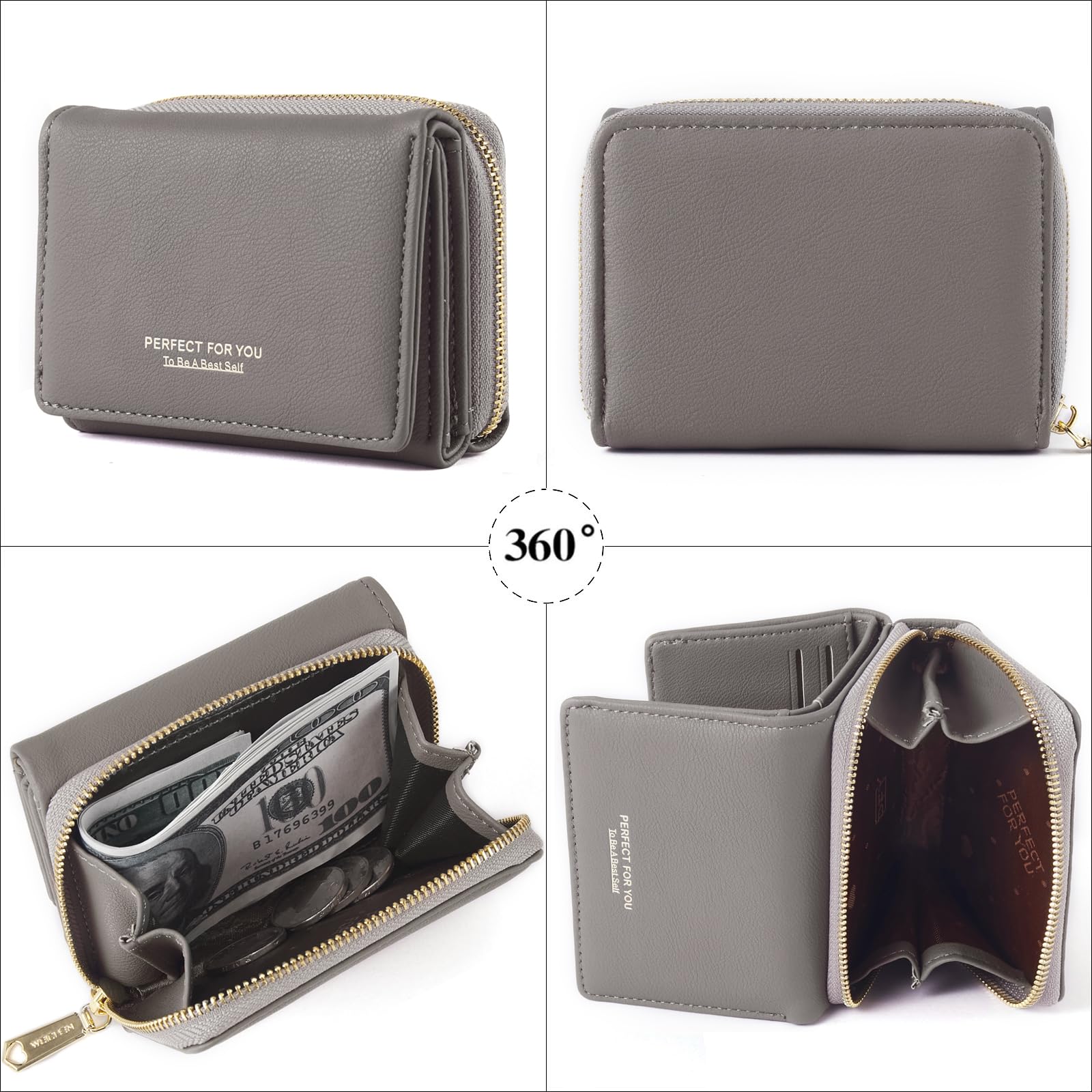 Portafoglio donna piccolo, Borsellino donna, Portafoglio donna con grande capacità, Portamonete donna elegante e dolce con grande tasca per monete Grigio scuro