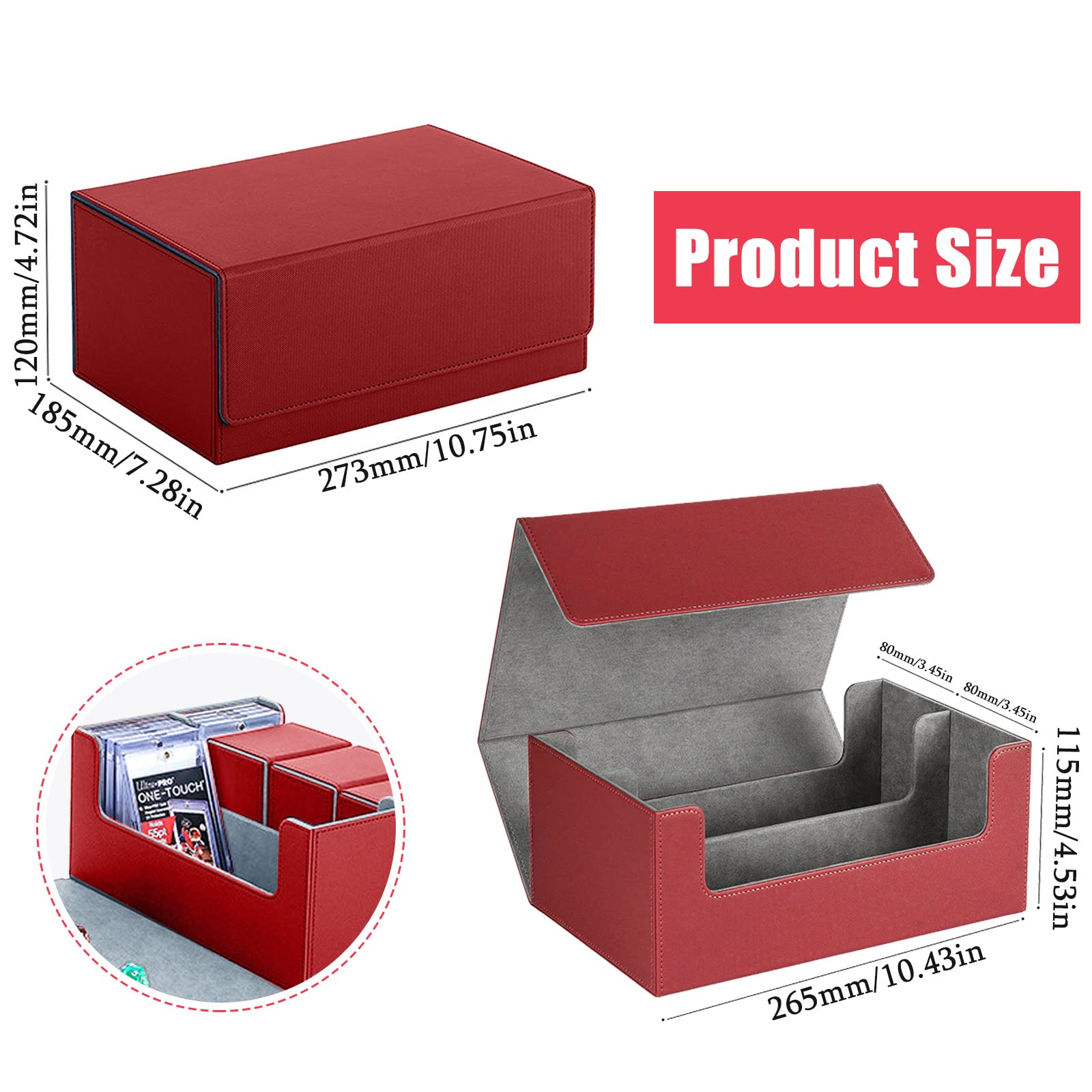 Premium 2-Row Trading Card Storage Box, chiusura magnetica Trading Card Deck Storage Box, 600 + Card Deck Case per Trading Cards, Sport Cards (rosso grigio)