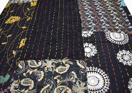 Miniatura 3 de Colcha Kantha de algodón Queen Khambadiya hecha a mano Kantha, colcha para cama, color negro, 90 x 108 pulgadas