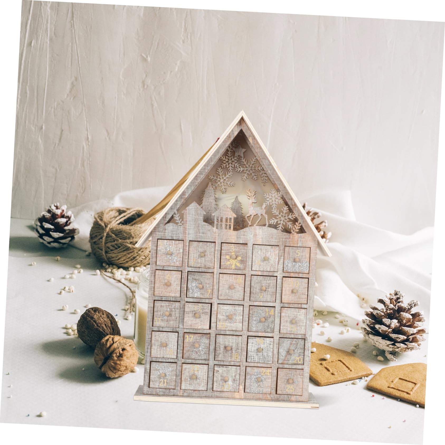 Holz Adventskalender für Junge Mädchen mit Beleuchteter Schublade Weihnachtstischdekoration aus Holz Langlebig und Stabil für Wohnzimmer und Esstisch