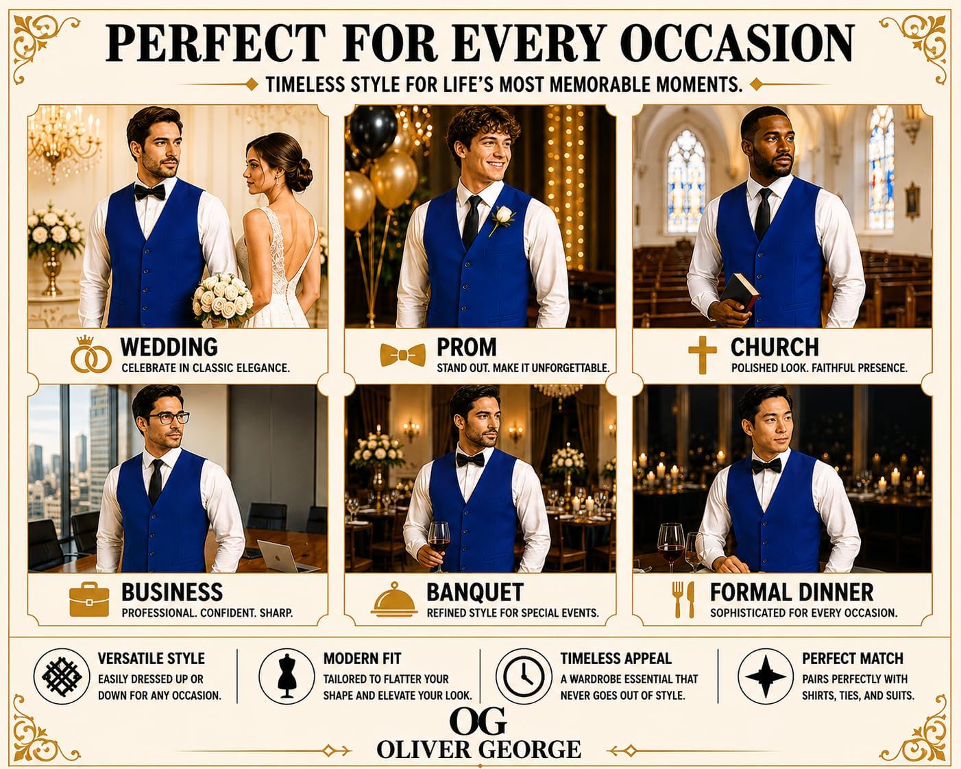 Oliver George Men’s Solid Formal Suit Vest Tuxedo Waistcoat Business Dress Vest For Suit or Tuxedo