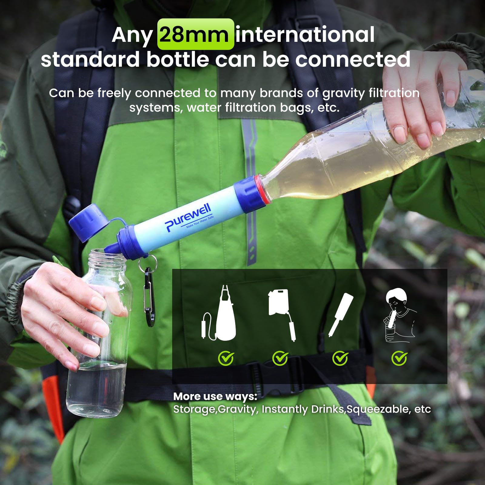Purewell Filtre à eau extérieur - Paille de filtration d'eau personnelle - Équipement de survie d'urgence - Purificateur d'eau pour camping, randonnée, escalade, randonnée