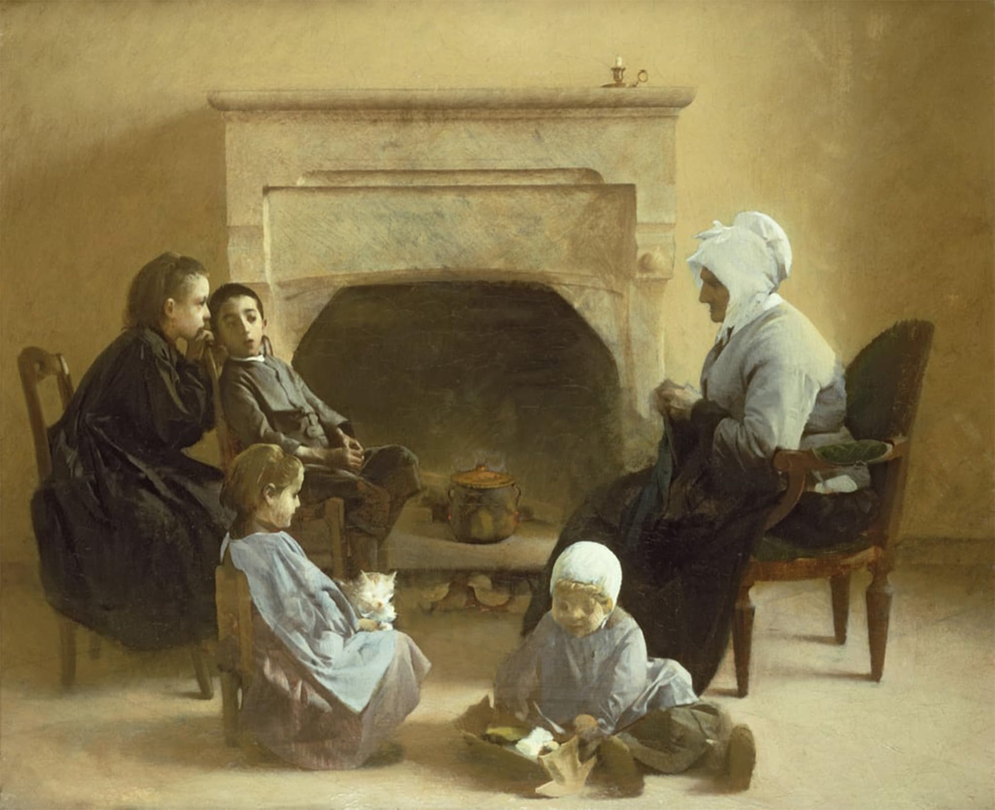 ARTXLXXBN Famous Painting Canvas Artwork Graffiti Print Family Seated Around a Hearth by Henri Jules Jean Geoffroy Portrait Canvas Image for Home Decor 60x90cm
