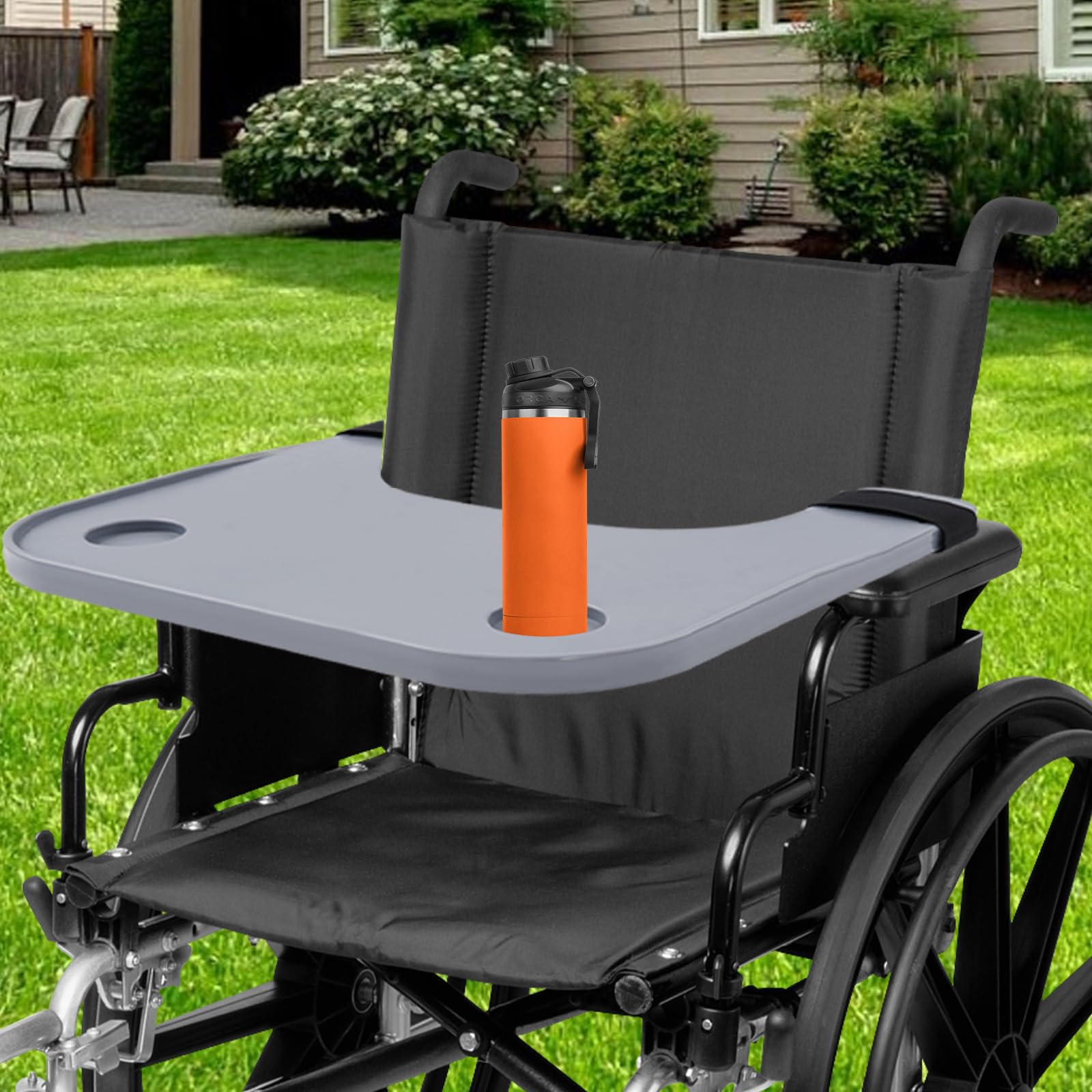 Rollstuhltisch abnehmbar, Rollstuhl Tablett mit Getränkehaltern, ABS Ess- und Arbeitstablett, Anti-Rutsch, einfache Befestigung, für Senioren, Pflege, Mobilitätshilfe, 58 × 53cm