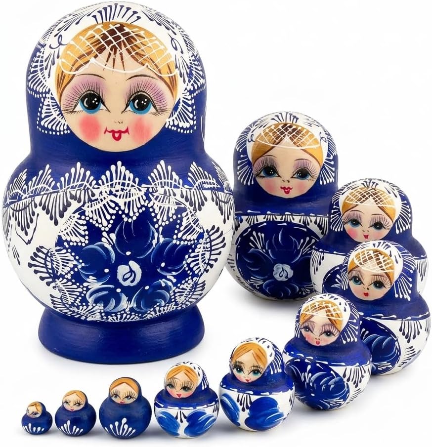 10-Layer Russian Nesting Dolls, Handcrafted Satin Wood Matryoshka Dolls for Kids & Adults, Holds Items, Christmas Decoration (1 Set)