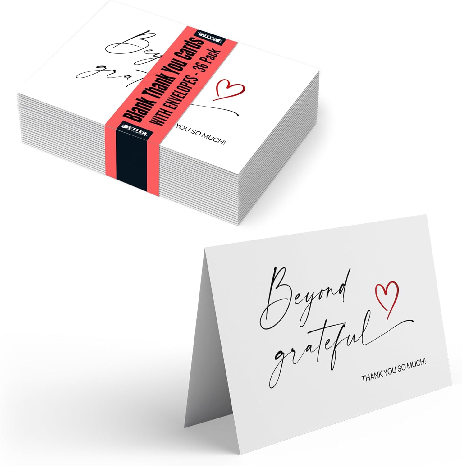 Better Office Products Beyond Grateful Thank You Cards with Red Metallic Foil Heart (36 Pack), with Envelopes, Blank Inside, for Wedding, Bridal Shower, Graduation All Occasions